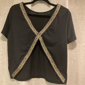 SHEIN Criss Cross Open Front Black Womens T Shirt Sleeve Size L